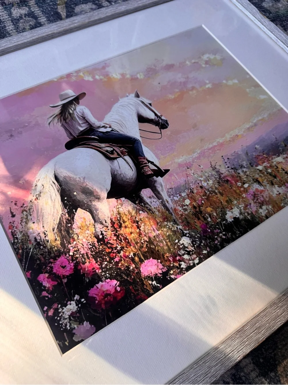 Framed White Horse Rider Art Print in Pastel Pink and Purple -11”x14”